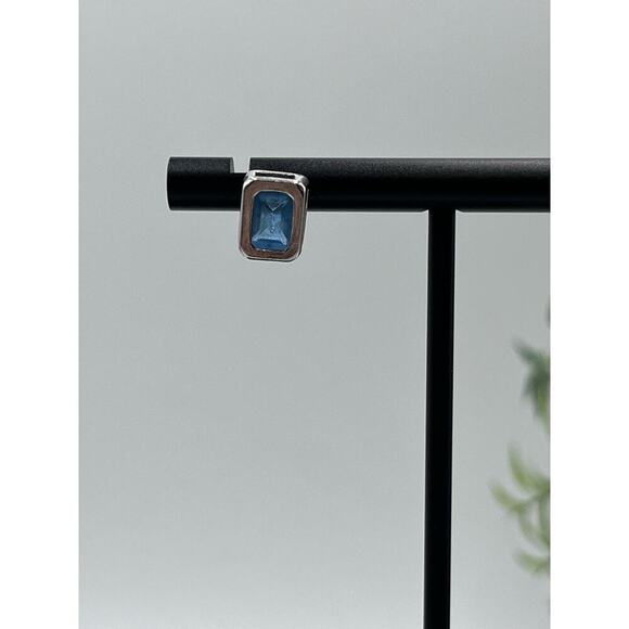Sterling Silver Stamped 925 Rectangular Blue Stone Stud Earrings - Picture 3 of 14